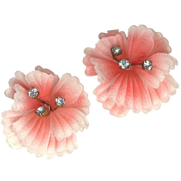 Vintage Austrian Lucite Floral Clip On Earrings 1950s Rhinestone Mid Century - Picture 1 of 11